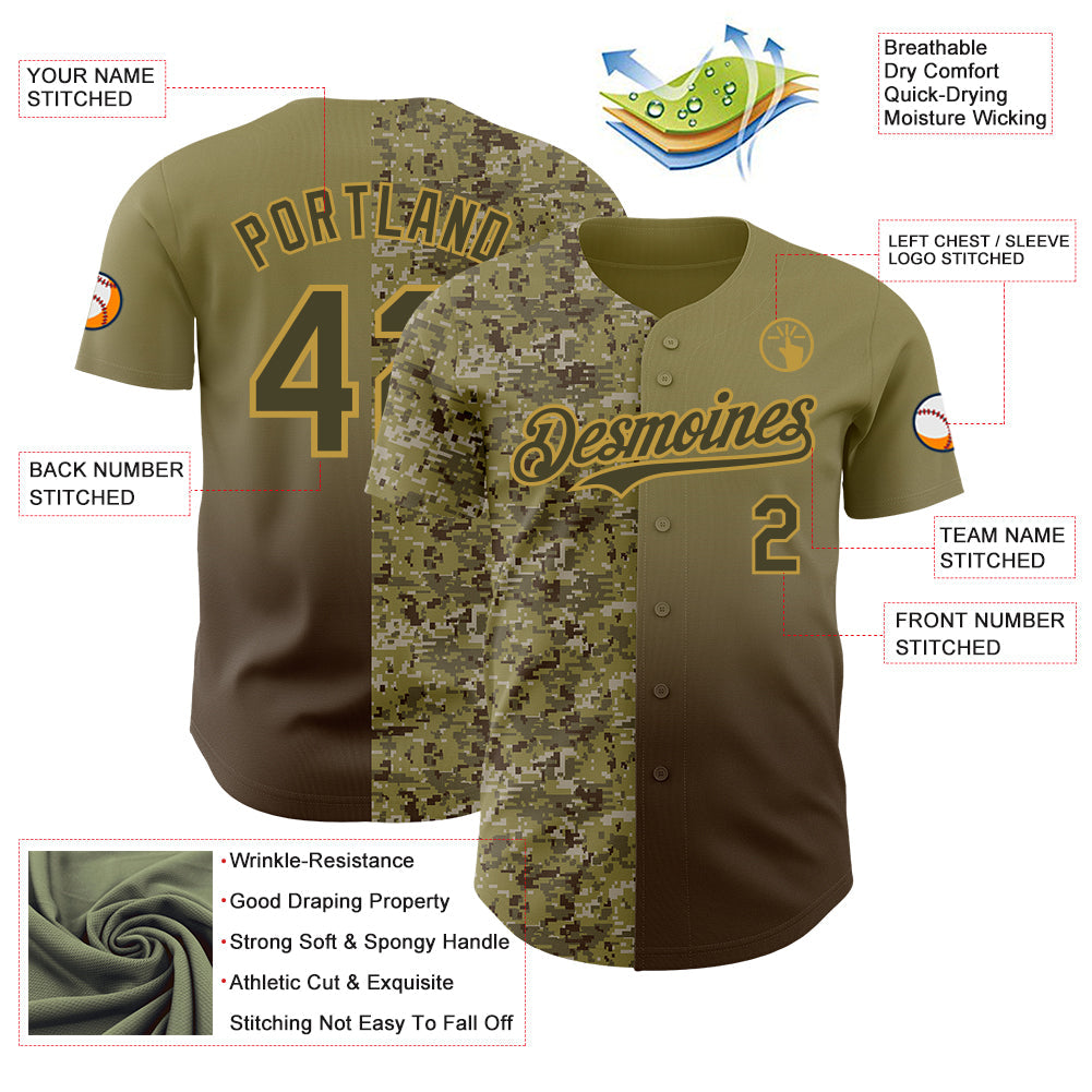 Custom Olive Brown-Old Gold Half Camo Ombre Authentic Baseball Jersey
