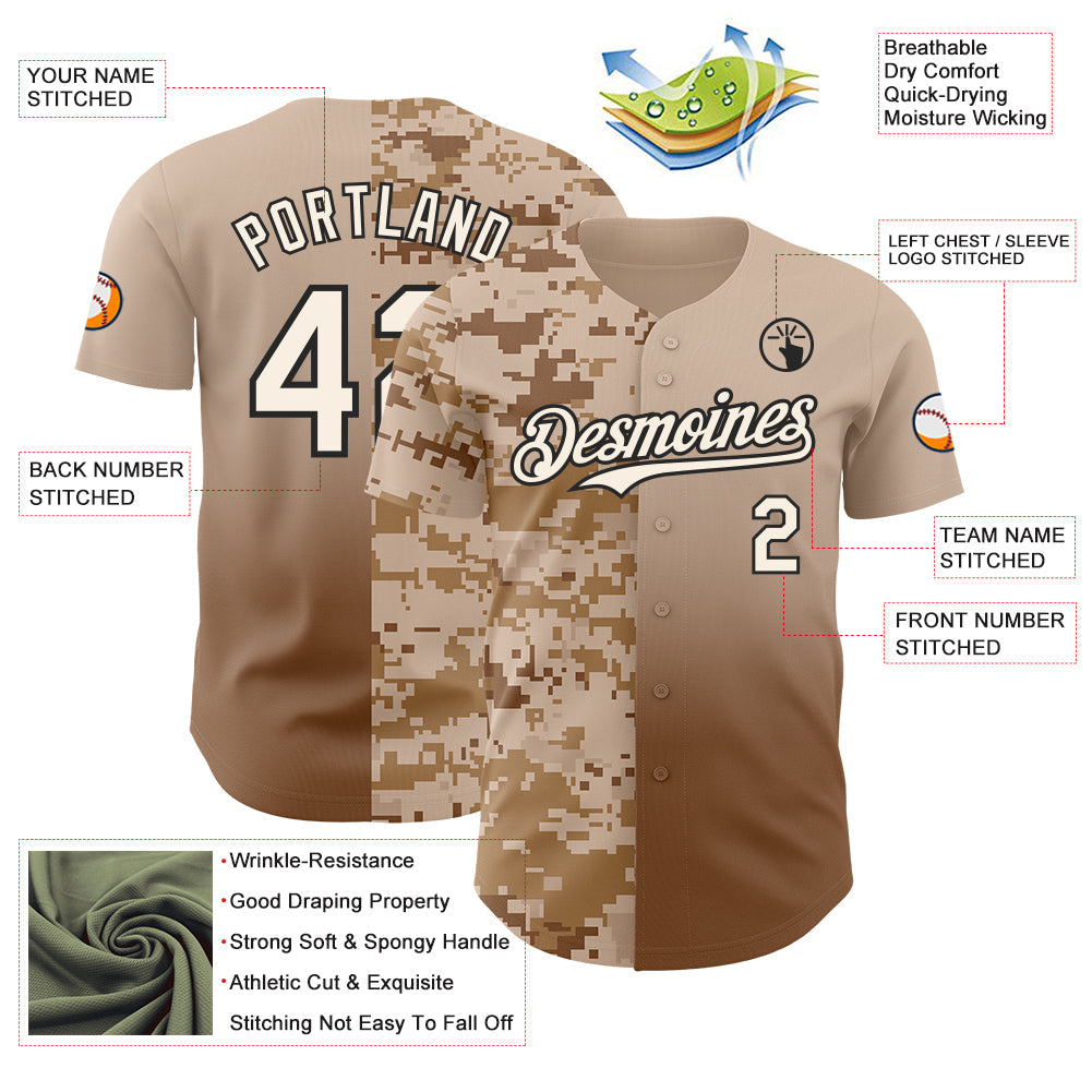 Custom Cream Brown-Black Half Camo Ombre Authentic Baseball Jersey