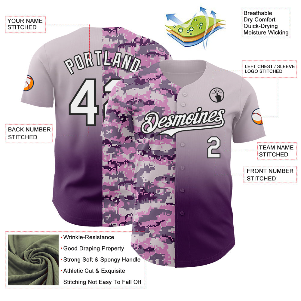 Custom Gray White Purple-Black Half Camo Ombre Authentic Baseball Jersey