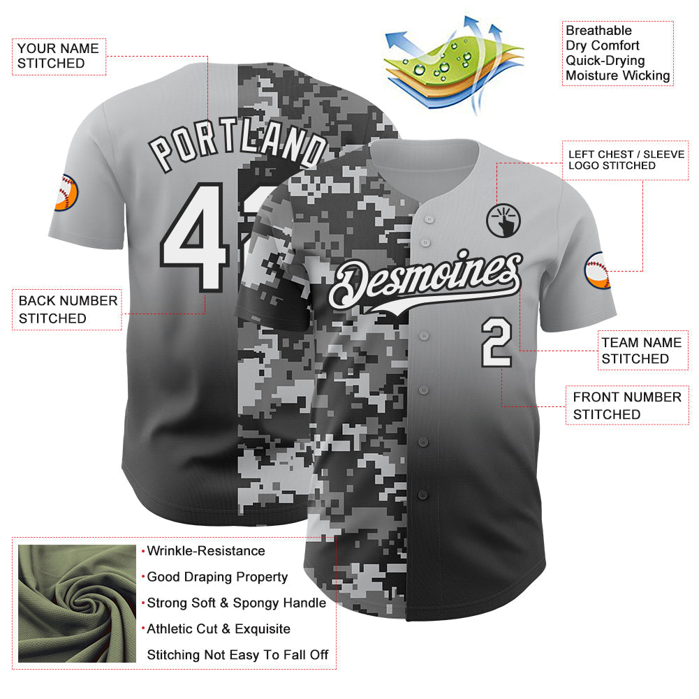 Custom Gray White-Black Half Camo Ombre Authentic Baseball Jersey