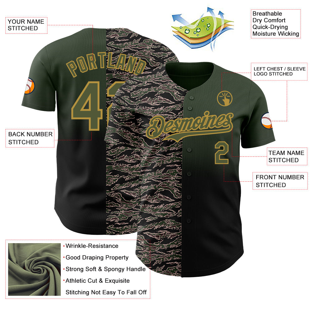 Custom Olive Black-Old Gold Half Camo Ombre Authentic Baseball Jersey