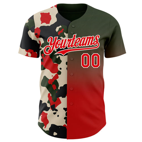 Custom Black Fire Red-Cream Half Camo Ombre Authentic Baseball Jersey