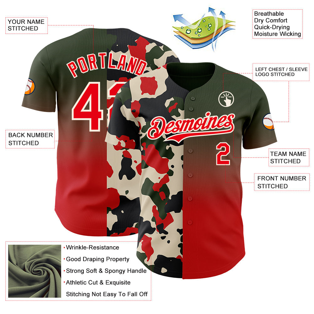 Custom Black Fire Red-Cream Half Camo Ombre Authentic Baseball Jersey