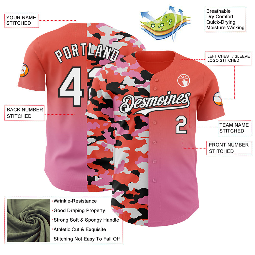 Custom Orange White Pink-Black Half Camo Ombre Authentic Baseball Jersey