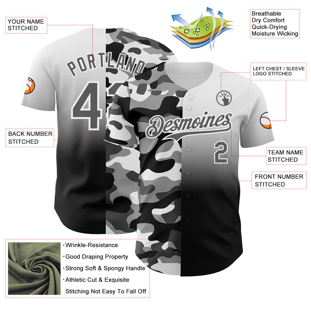 Custom White Steel Gray-Black Half Camo Ombre Authentic Baseball Jersey