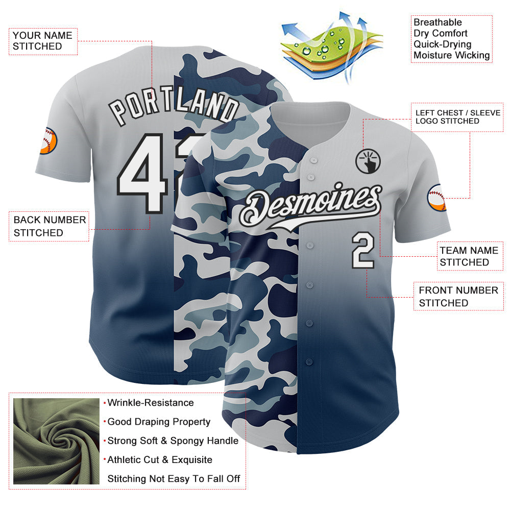 Custom White Blue-Black Half Camo Ombre Authentic Baseball Jersey