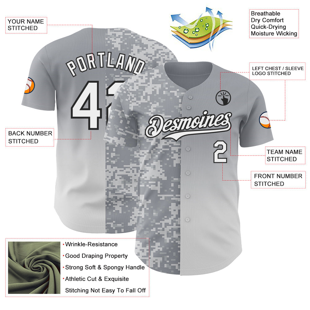 Custom Gray White-Black Half Camo Ombre Authentic Baseball Jersey