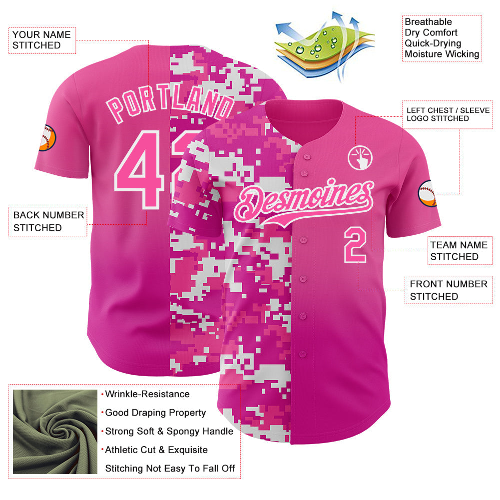 Custom Pink Deep Pink-White Half Camo Ombre Authentic Baseball Jersey