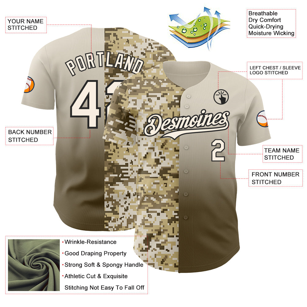 Custom Cream Olive-Black Half Camo Ombre Authentic Baseball Jersey