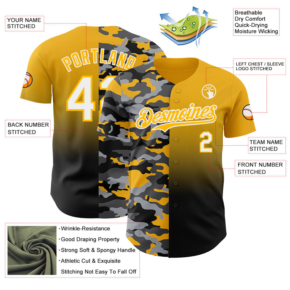 Custom Gold White-Black Half Camo Ombre Authentic Baseball Jersey
