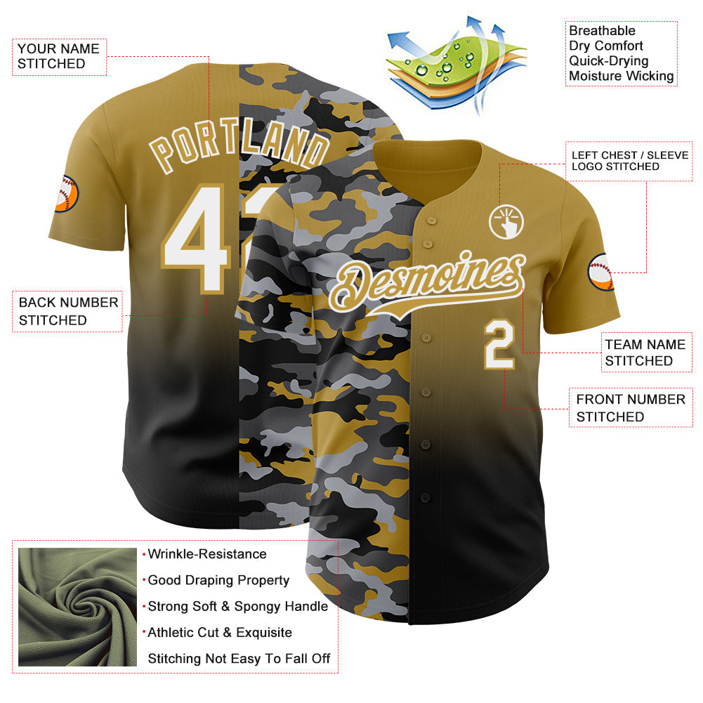 Custom Old Gold White-Black Half Camo Ombre Authentic Baseball Jersey