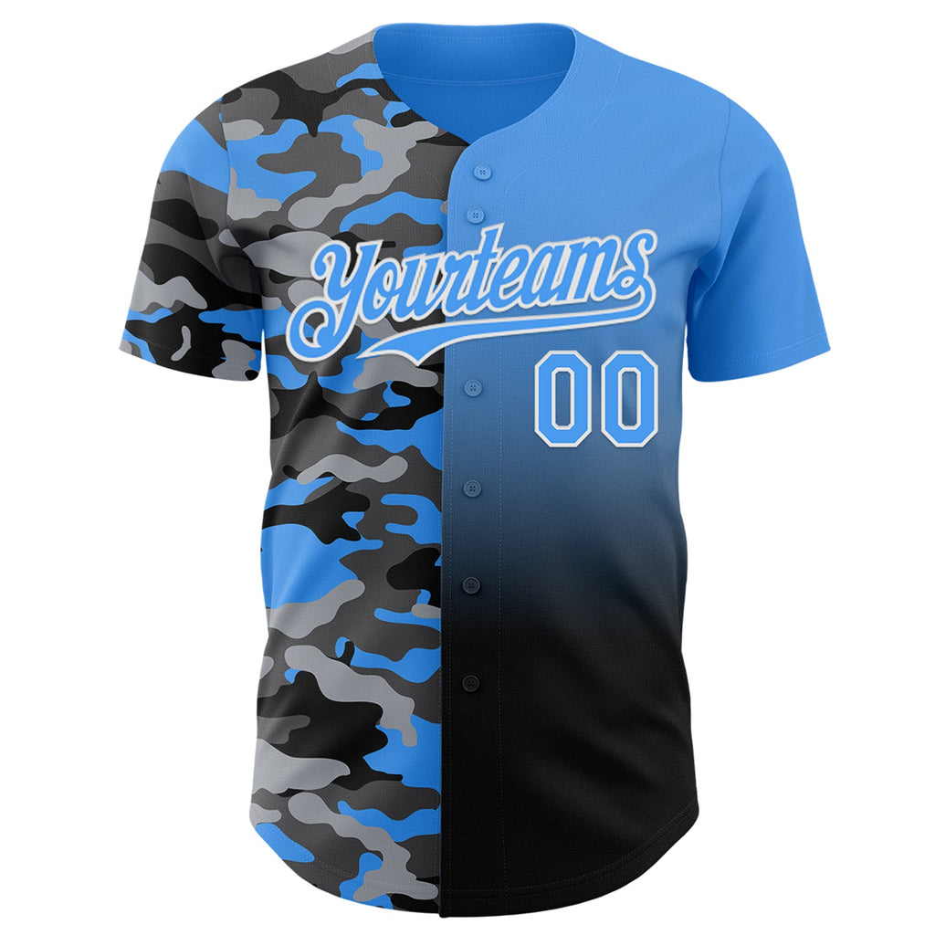 Custom Electric Blue Black-White Half Camo Ombre Authentic Baseball Jersey