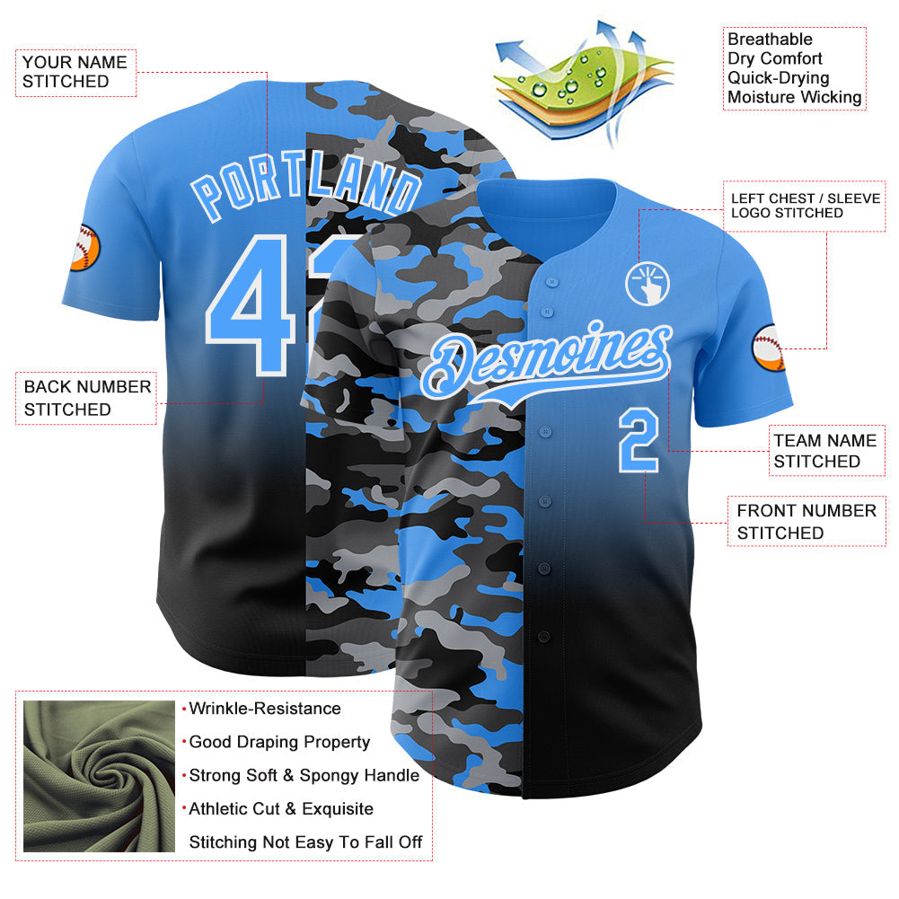 Custom Electric Blue Black-White Half Camo Ombre Authentic Baseball Jersey