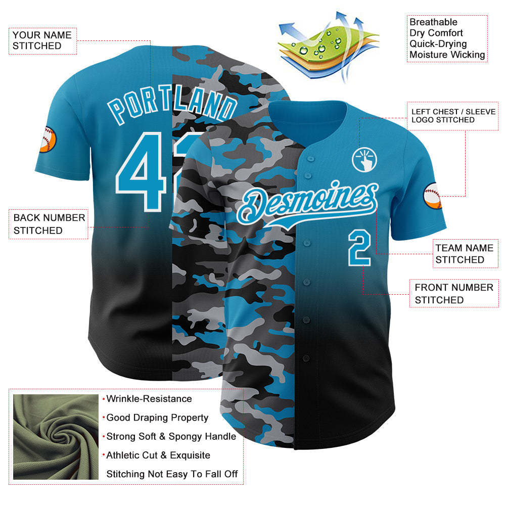 Custom Panther Blue Black-White Half Camo Ombre Authentic Baseball Jersey