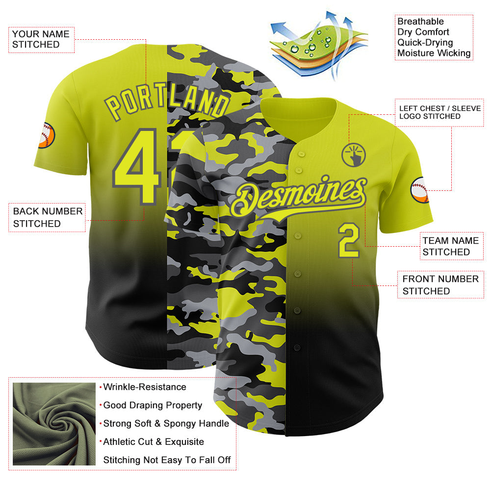 Custom Neon Yellow Black-Steel Gray Half Camo Ombre Authentic Baseball Jersey