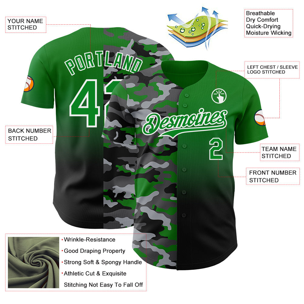 Custom Grass Green Black-White Half Camo Ombre Authentic Baseball Jersey