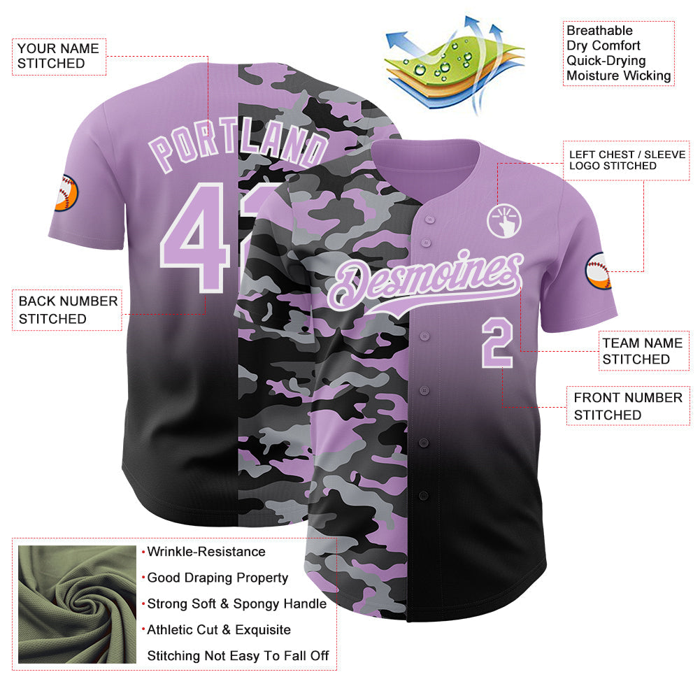 Custom Light Purple Black-White Half Camo Ombre Authentic Baseball Jersey