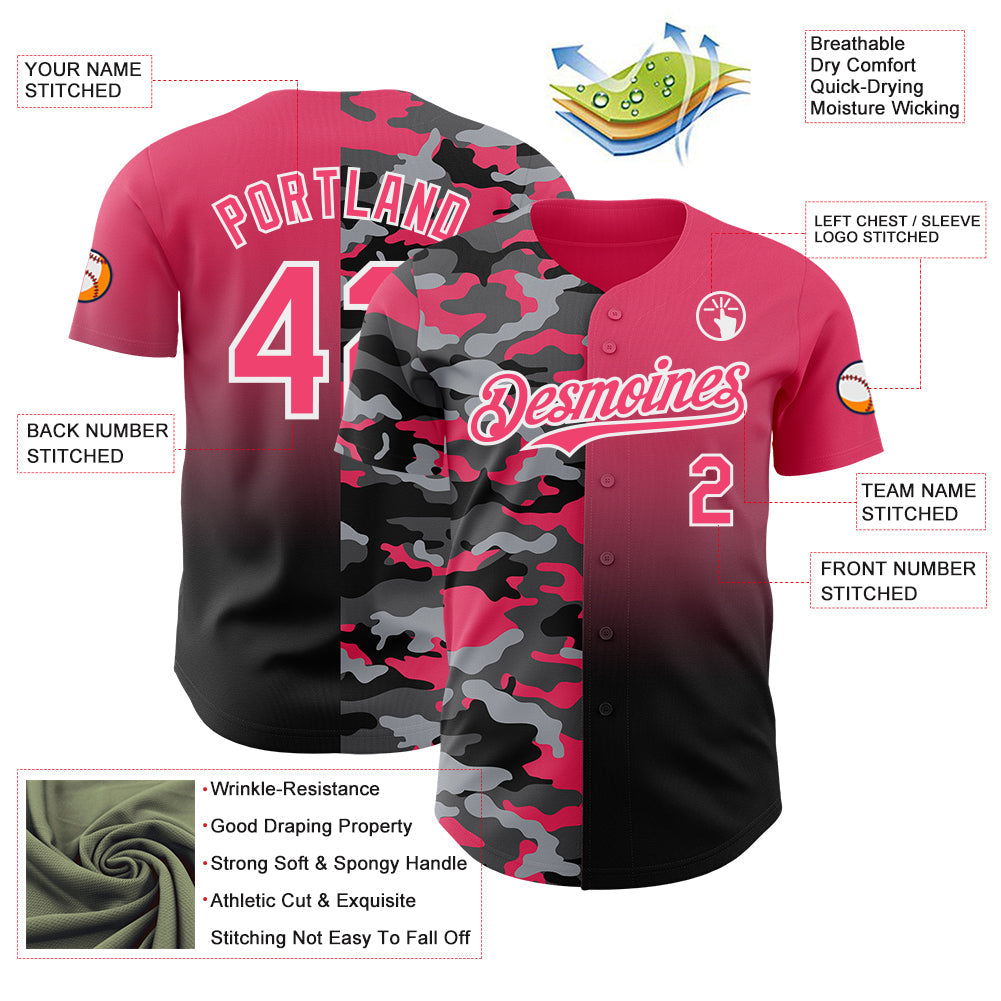 Custom Neon Pink Black-White Half Camo Ombre Authentic Baseball Jersey