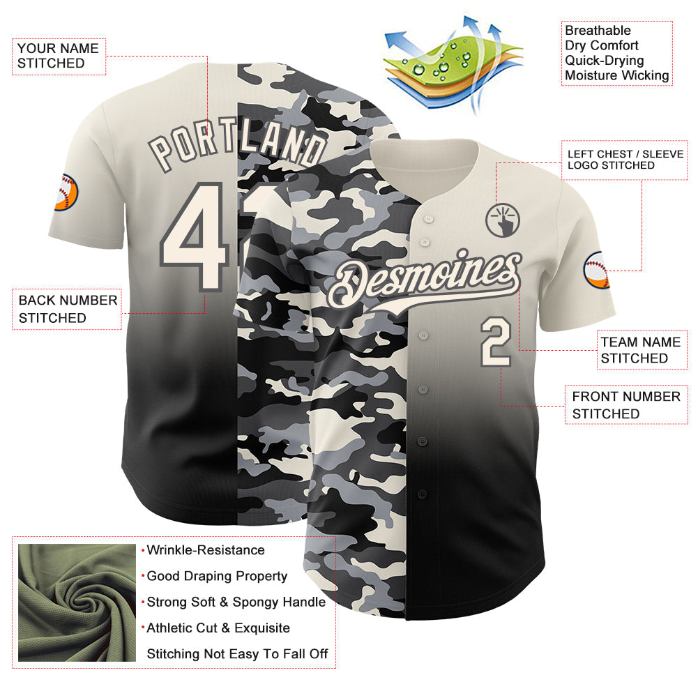 Custom Cream Black-Steel Gray Half Camo Ombre Authentic Baseball Jersey