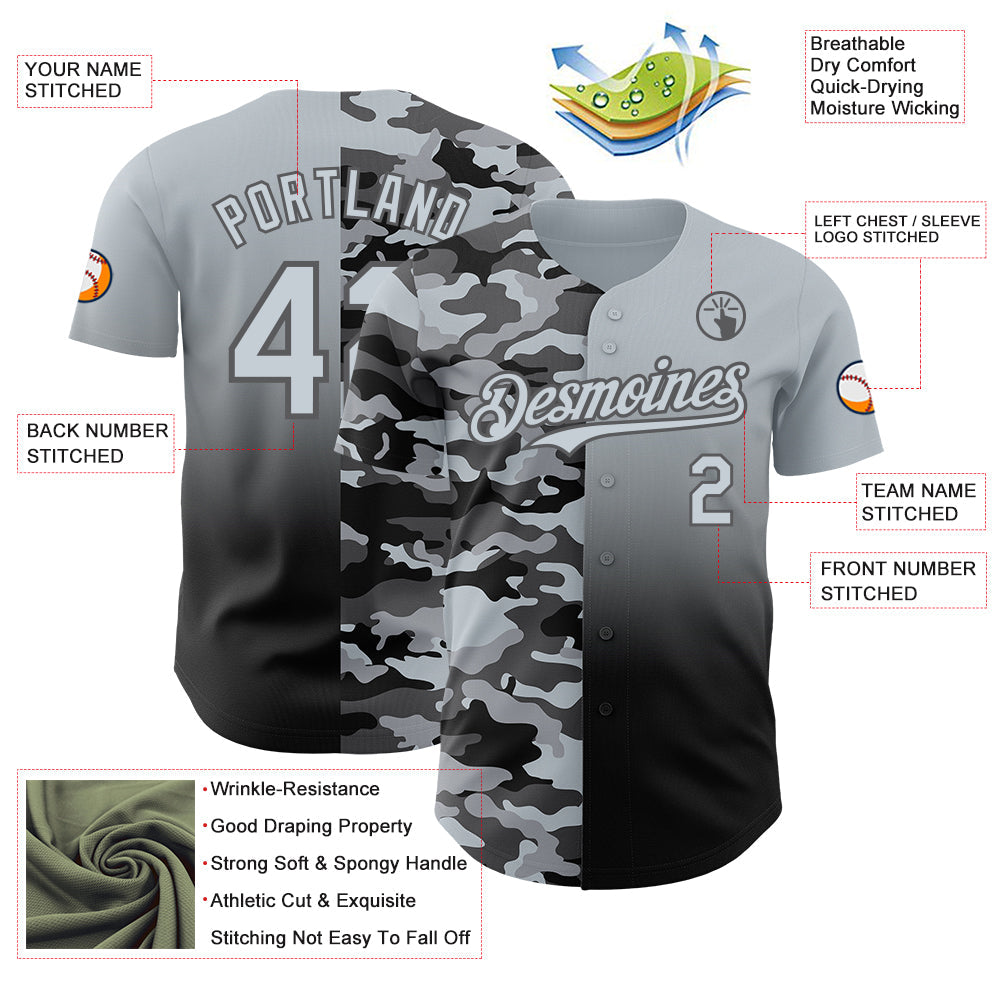 Custom Silver Black-Steel Gray Half Camo Ombre Authentic Baseball Jersey