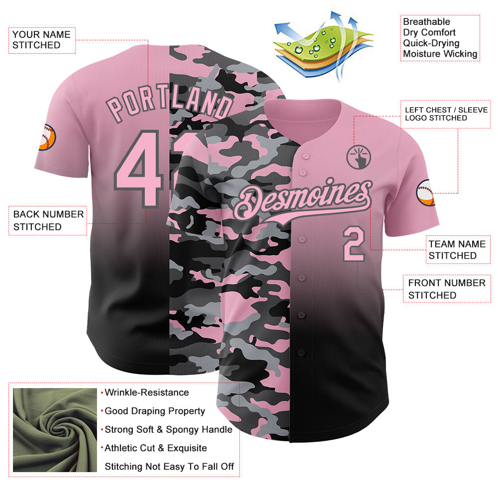 Custom Light Pink Black-Steel Gray Half Camo Ombre Authentic Baseball Jersey