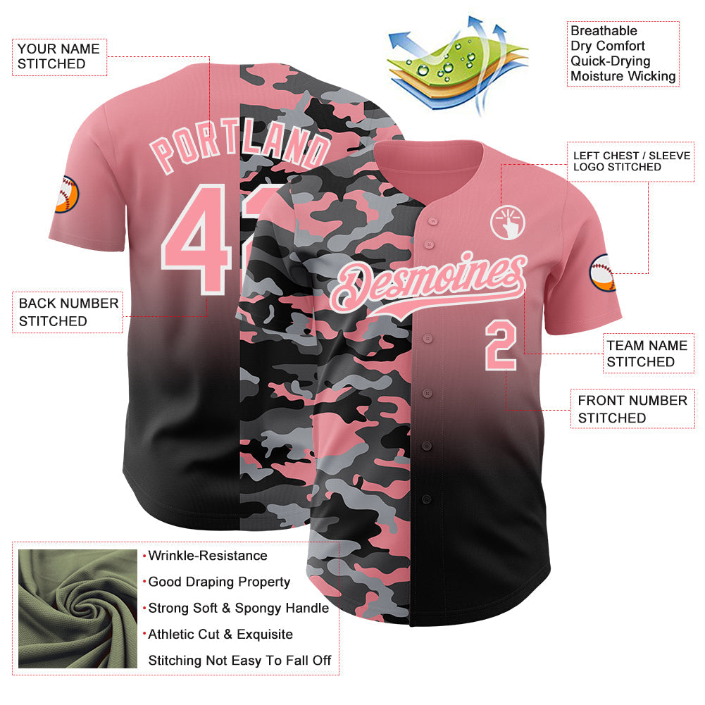 Custom Medium Pink Black-White Half Camo Ombre Authentic Baseball Jersey