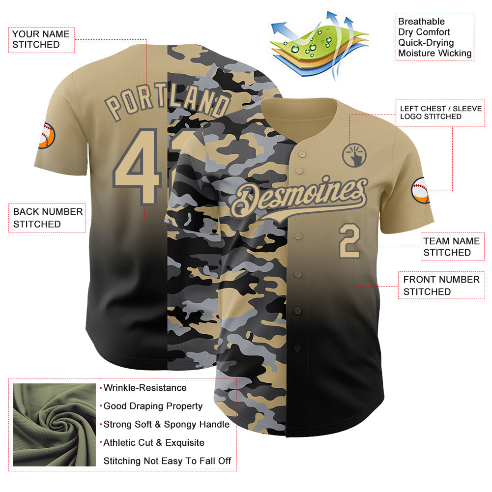 Custom Vegas Gold Black-Steel Gray Half Camo Ombre Authentic Baseball Jersey