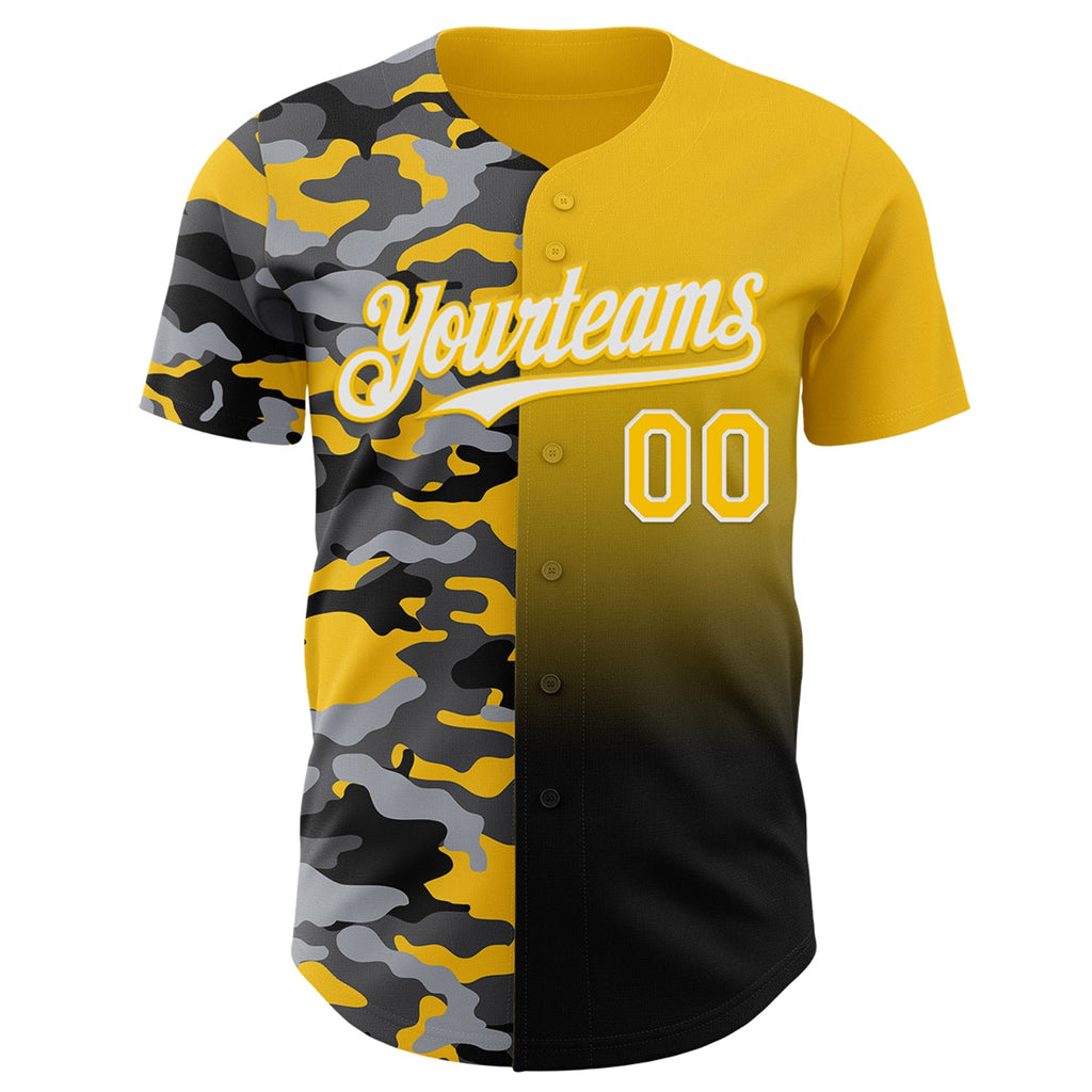 Custom Yellow Black-White Half Camo Ombre Authentic Baseball Jersey