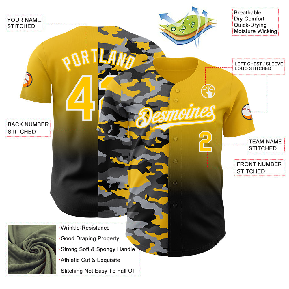 Custom Yellow Black-White Half Camo Ombre Authentic Baseball Jersey