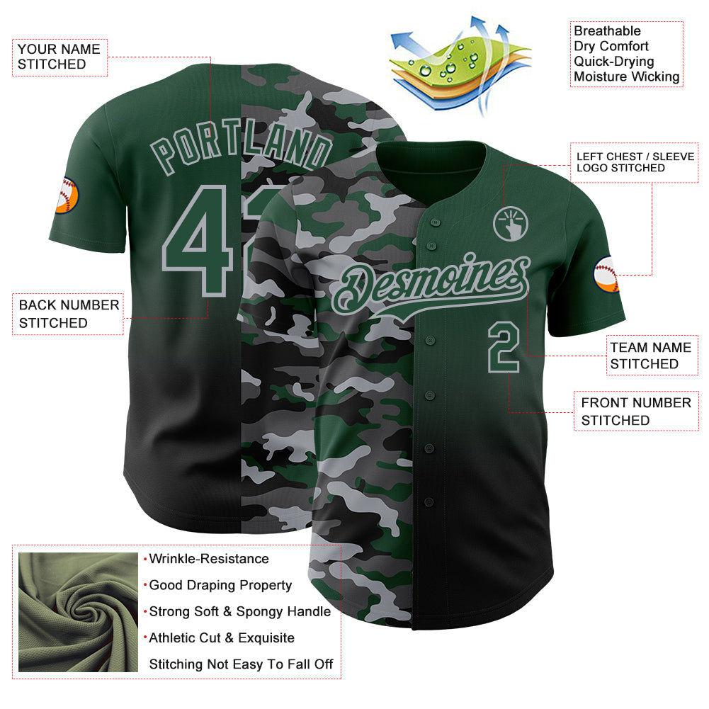 Custom Green Black-Gray Half Camo Ombre Authentic Baseball Jersey