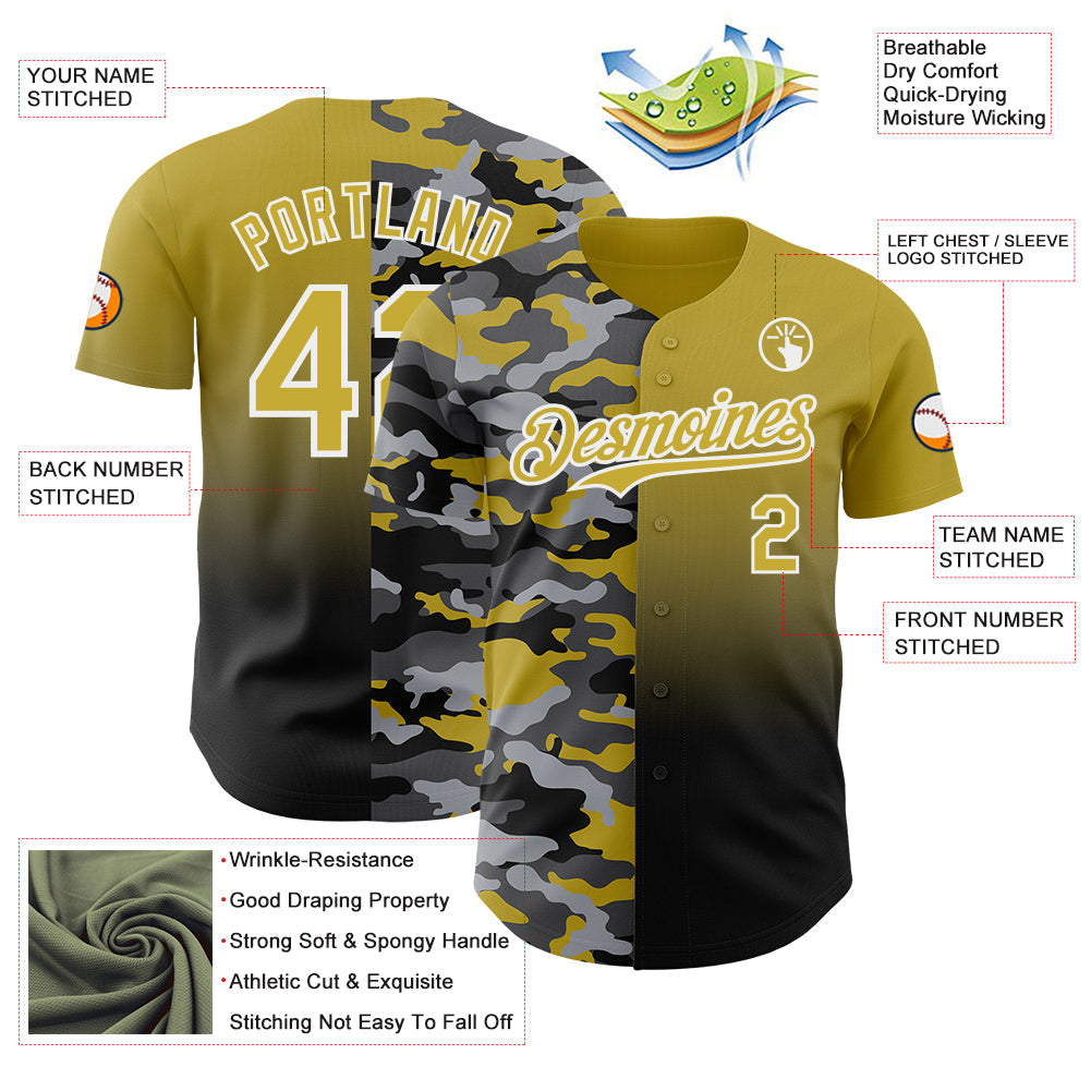 Custom Old Gold Black-White Half Camo Ombre Authentic Baseball Jersey