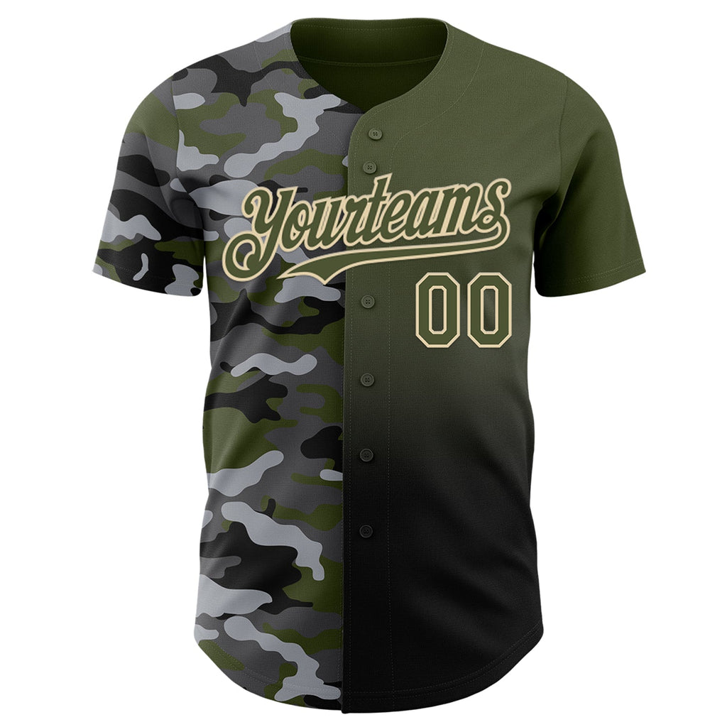 Custom Olive Black-City Cream Half Camo Ombre Authentic Baseball Jersey