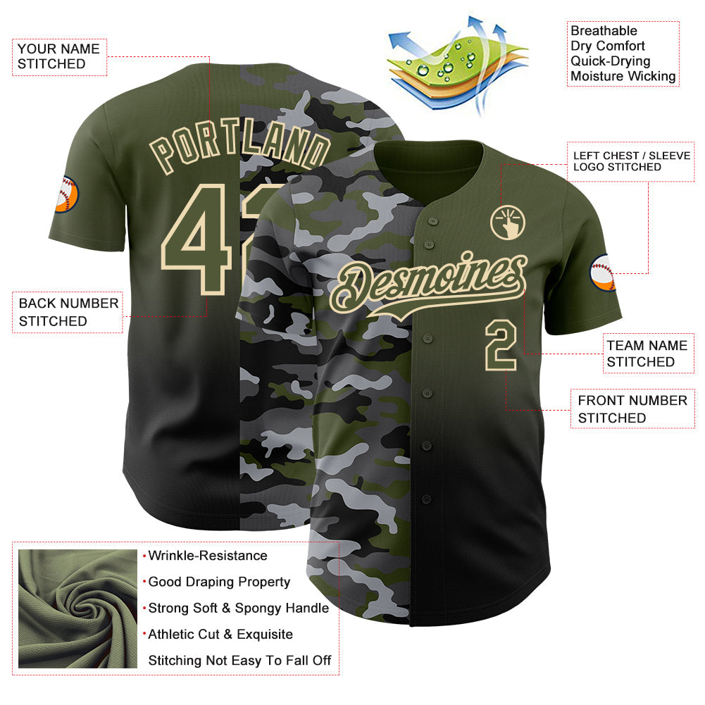 Custom Olive Black-City Cream Half Camo Ombre Authentic Baseball Jersey