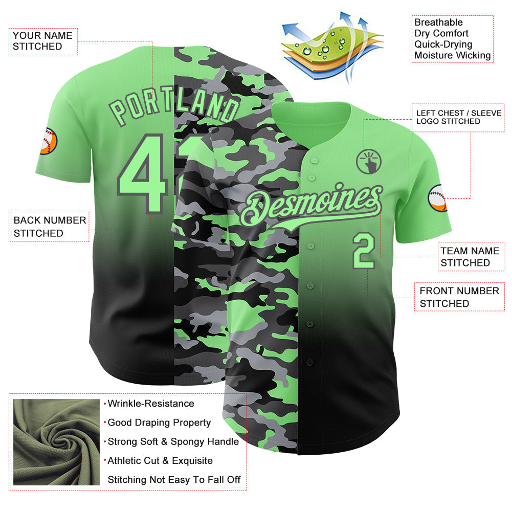 Custom Pea Green Black-Steel Gray Half Camo Ombre Authentic Baseball Jersey