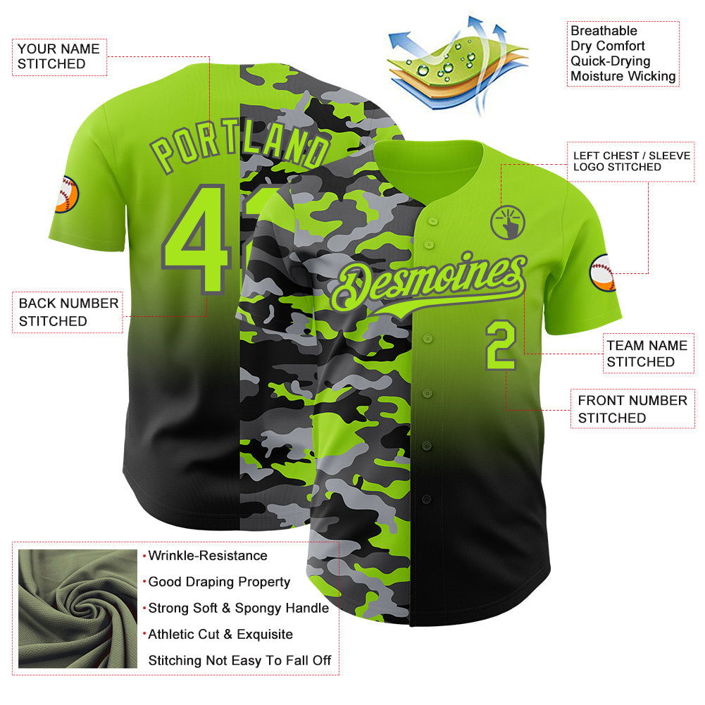 Custom Neon Green Black-Steel Gray Half Camo Ombre Authentic Baseball Jersey