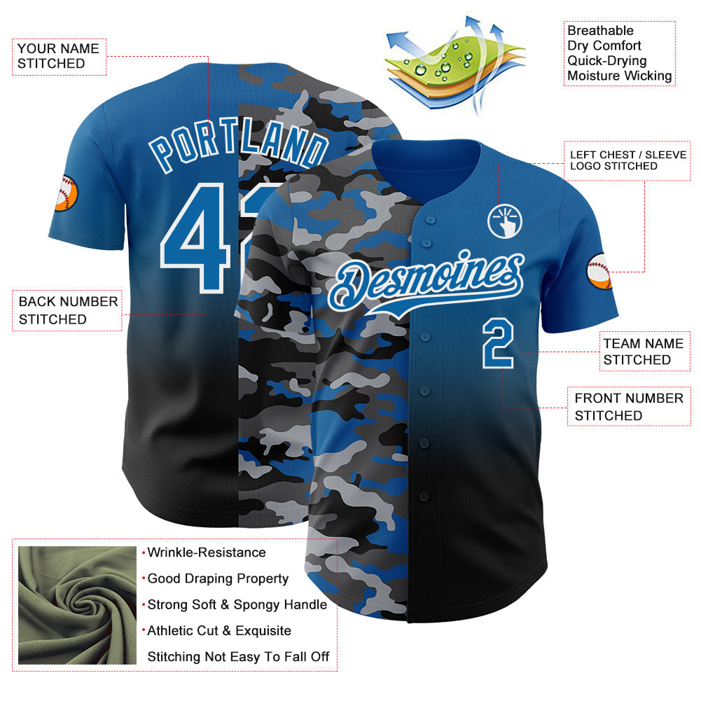 Custom Blue Black-White Half Camo Ombre Authentic Baseball Jersey