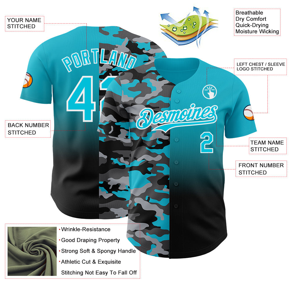 Custom Lakes Blue Black-White Half Camo Ombre Authentic Baseball Jersey