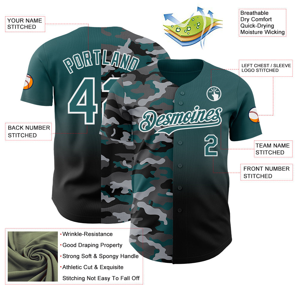 Custom Midnight Green Black-White Half Camo Ombre Authentic Baseball Jersey