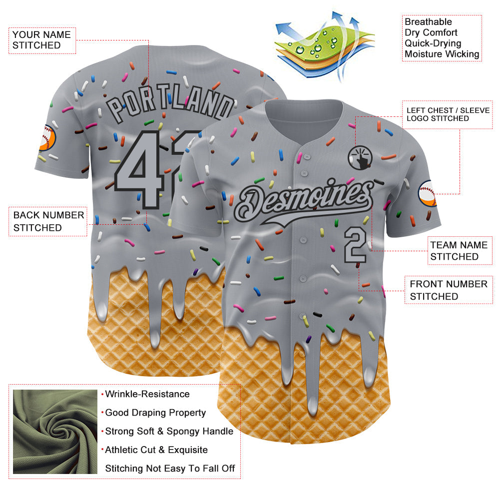 Custom Gray-Black Ice Cream Waffle Foodie Dessert Authentic Baseball Jersey