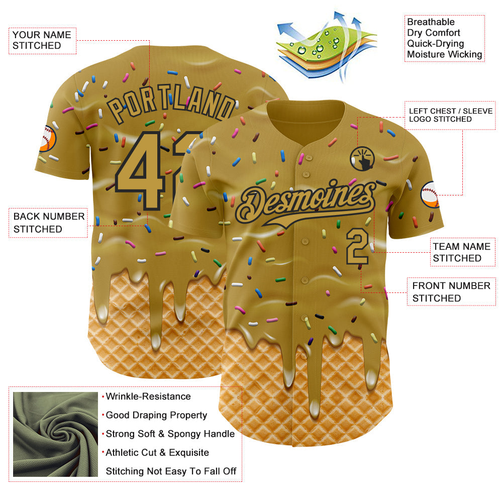 Custom Old Gold-Black Ice Cream Waffle Foodie Dessert Authentic Baseball Jersey