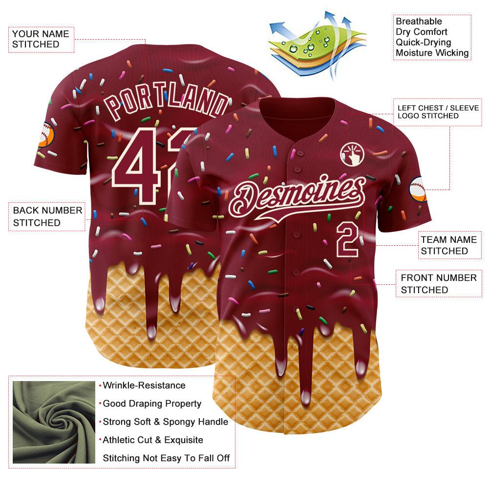 Custom Crimson-Cream Ice Cream Waffle Foodie Dessert Authentic Baseball Jersey