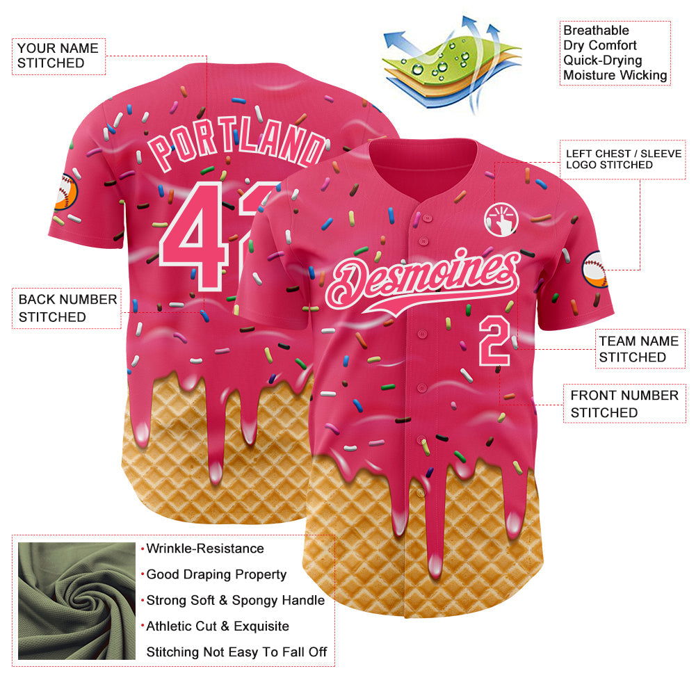 Custom Neon Pink-White Ice Cream Waffle Foodie Dessert Authentic Baseball Jersey