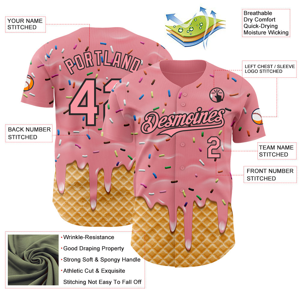Custom Medium Pink-Black Ice Cream Waffle Foodie Dessert Authentic Baseball Jersey