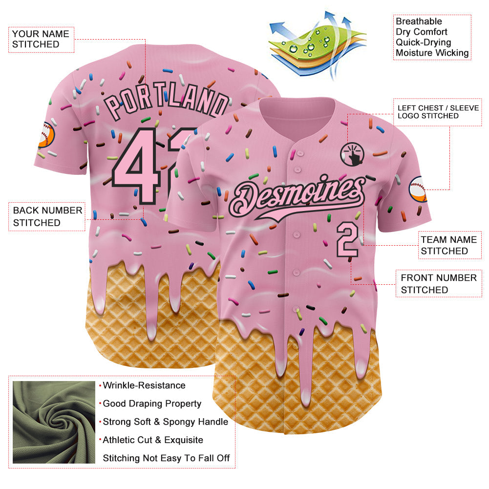 Custom Light Pink-Black Ice Cream Waffle Foodie Dessert Authentic Baseball Jersey