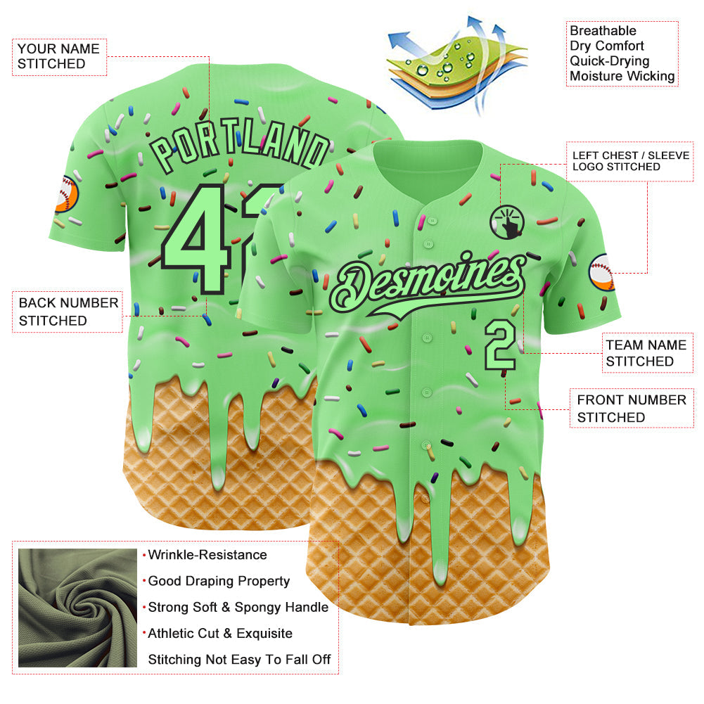 Custom Pea Green-Black Ice Cream Waffle Foodie Dessert Authentic Baseball Jersey