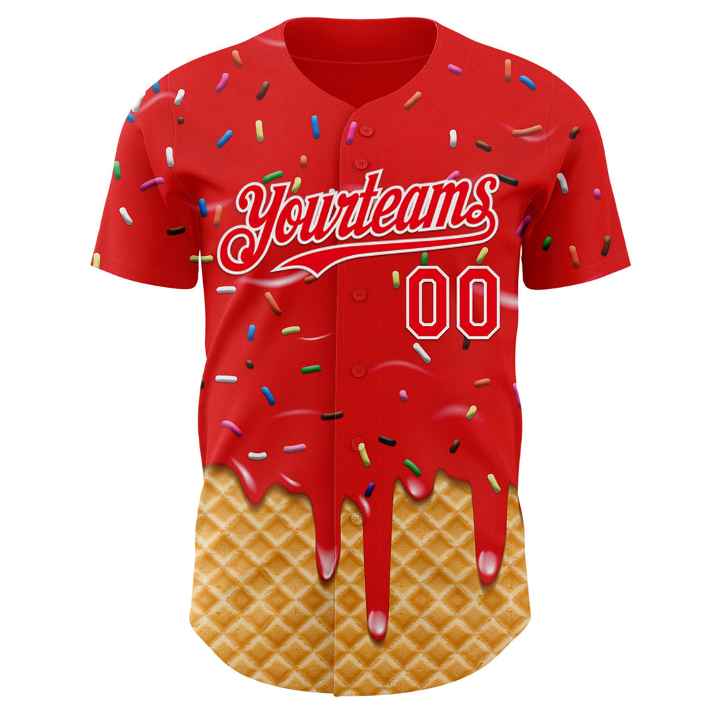 Custom Fire Red-White Ice Cream Waffle Foodie Dessert Authentic Baseball Jersey