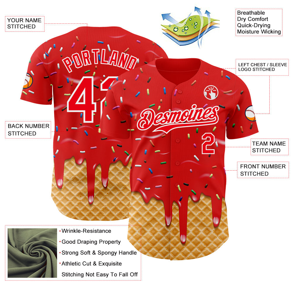 Custom Fire Red-White Ice Cream Waffle Foodie Dessert Authentic Baseball Jersey
