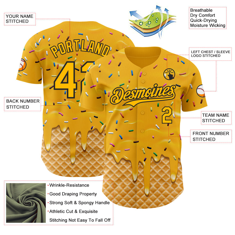 Custom Gold-Black Ice Cream Waffle Foodie Dessert Authentic Baseball Jersey