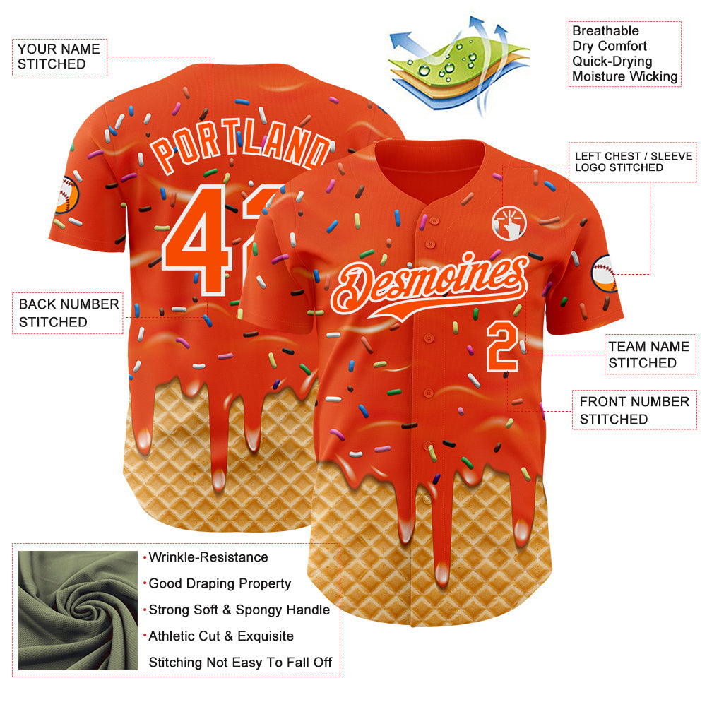 Custom Orange-White Ice Cream Waffle Foodie Dessert Authentic Baseball Jersey
