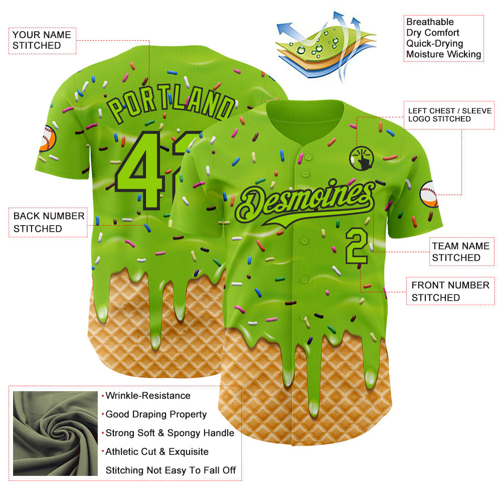 Custom Neon Green-Black Ice Cream Waffle Foodie Dessert Authentic Baseball Jersey
